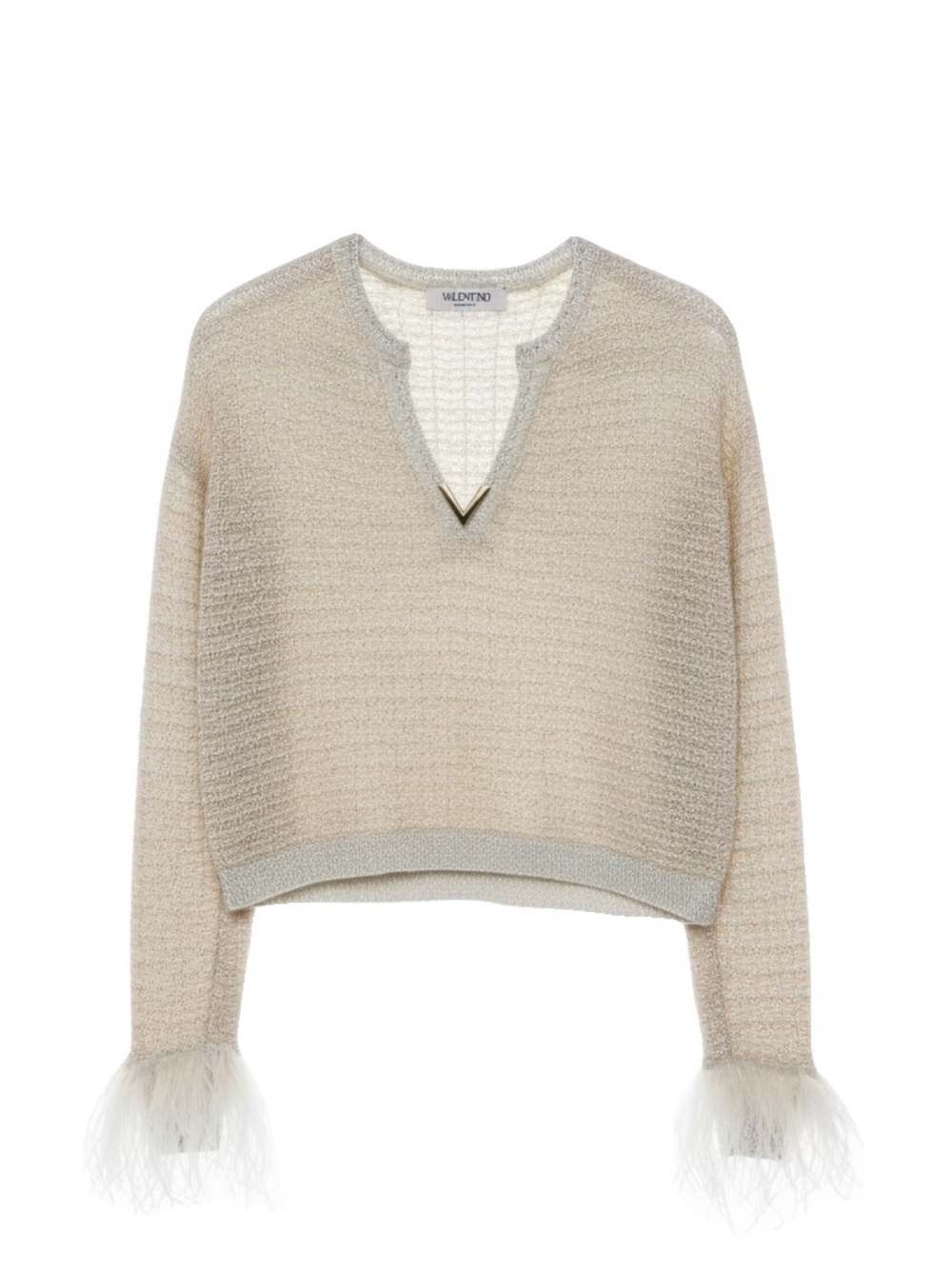 Valentino Garavani Authentic Lurex & Mohair Cream V-Notch Sweater with Feathers